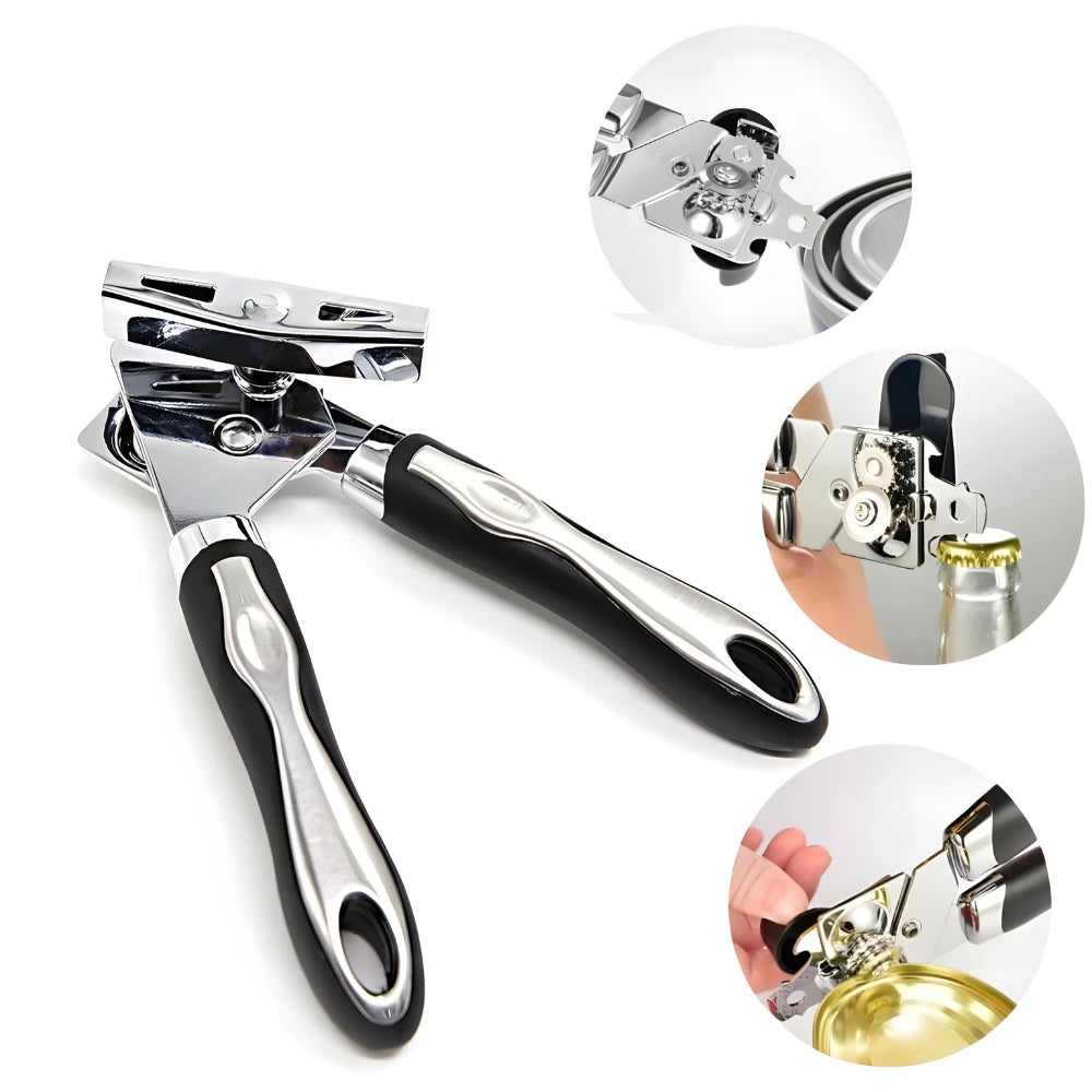 Abridor de Latas e Garrafas 3 em 1 Profissional - Aço Inox Premium com Design Ergonômico
