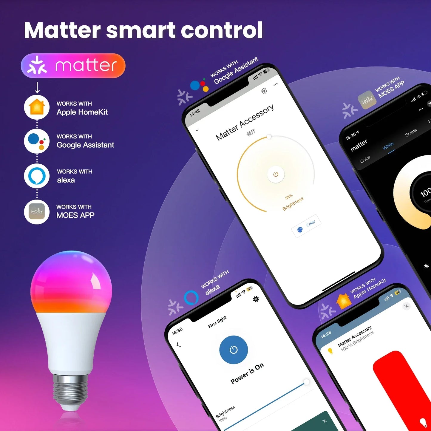 Lâmpada Inteligente WiFi RGB+CW 9W E27 – Compatível com Alexa, Google Home e Apple HomeKit