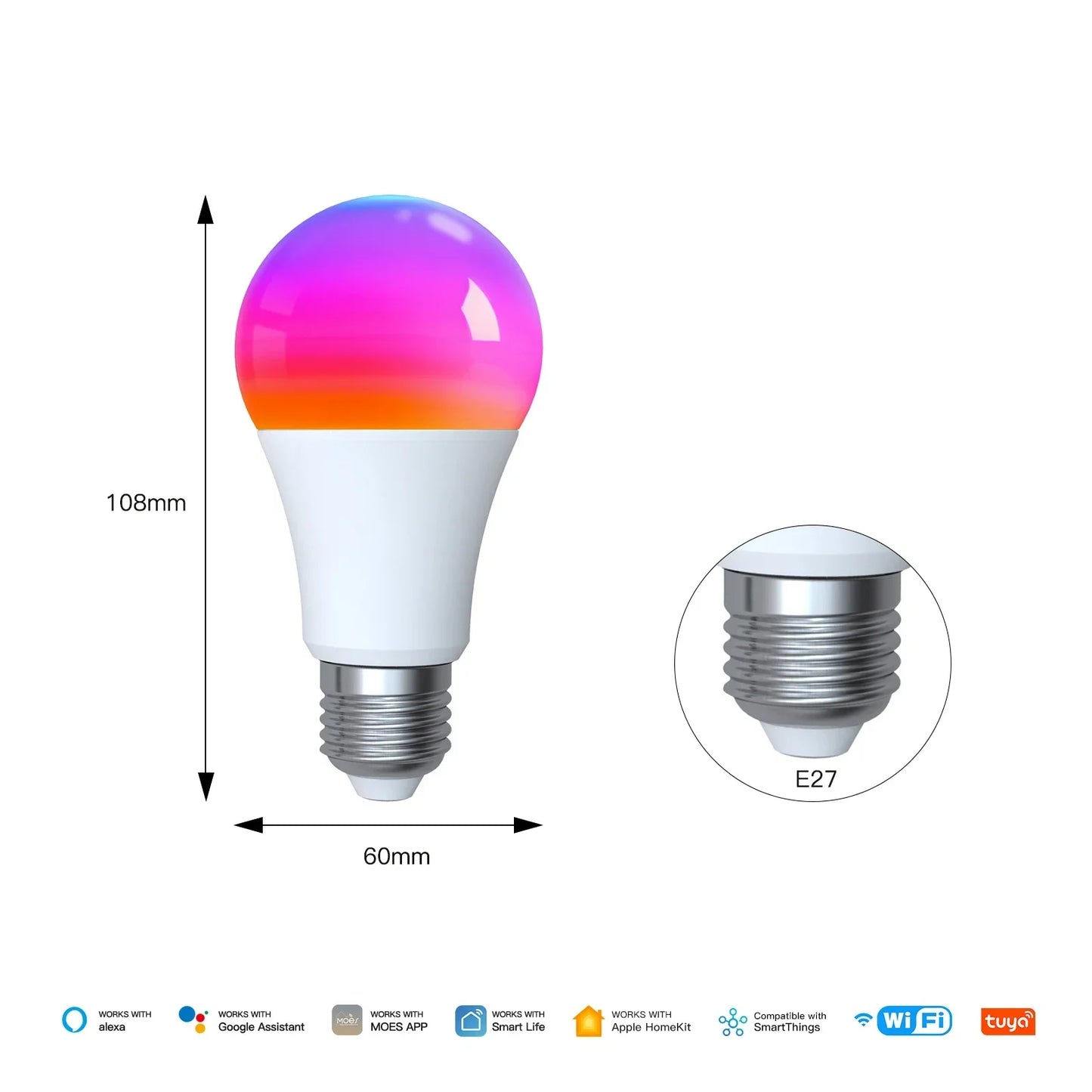 Lâmpada Inteligente WiFi RGB+CW 9W E27 – Compatível com Alexa, Google Home e Apple HomeKit