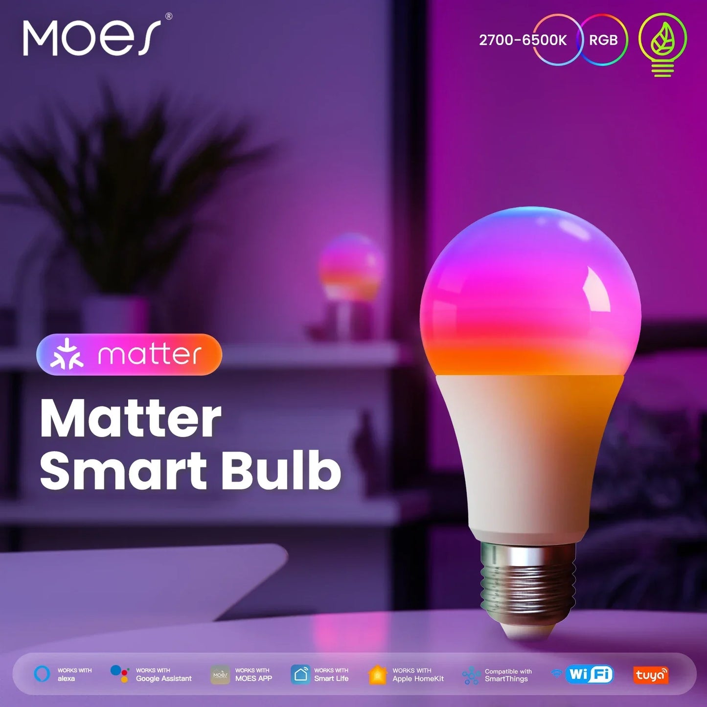 Lâmpada Inteligente WiFi RGB+CW 9W E27 – Compatível com Alexa, Google Home e Apple HomeKit