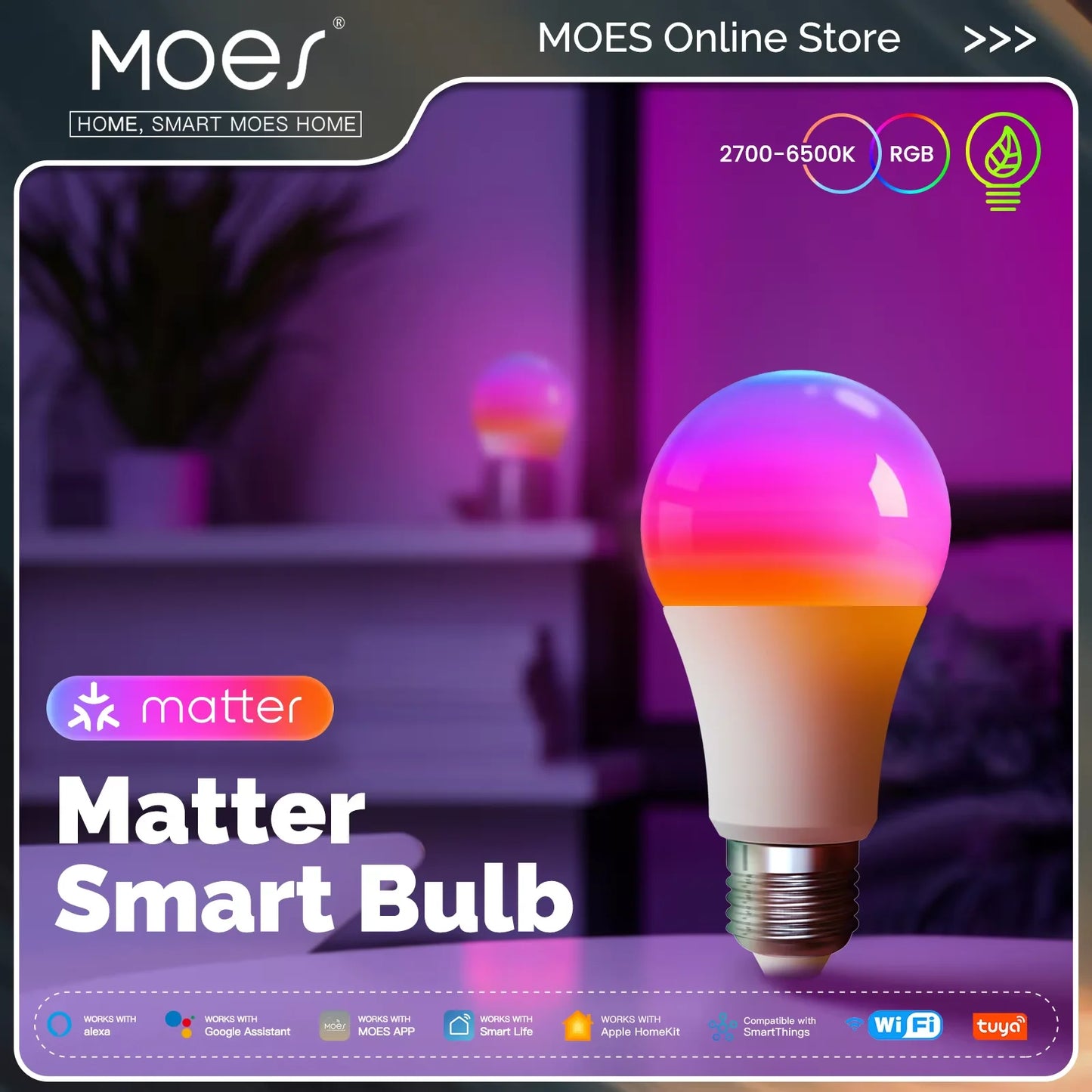 Lâmpada Inteligente WiFi RGB+CW 9W E27 – Compatível com Alexa, Google Home e Apple HomeKit