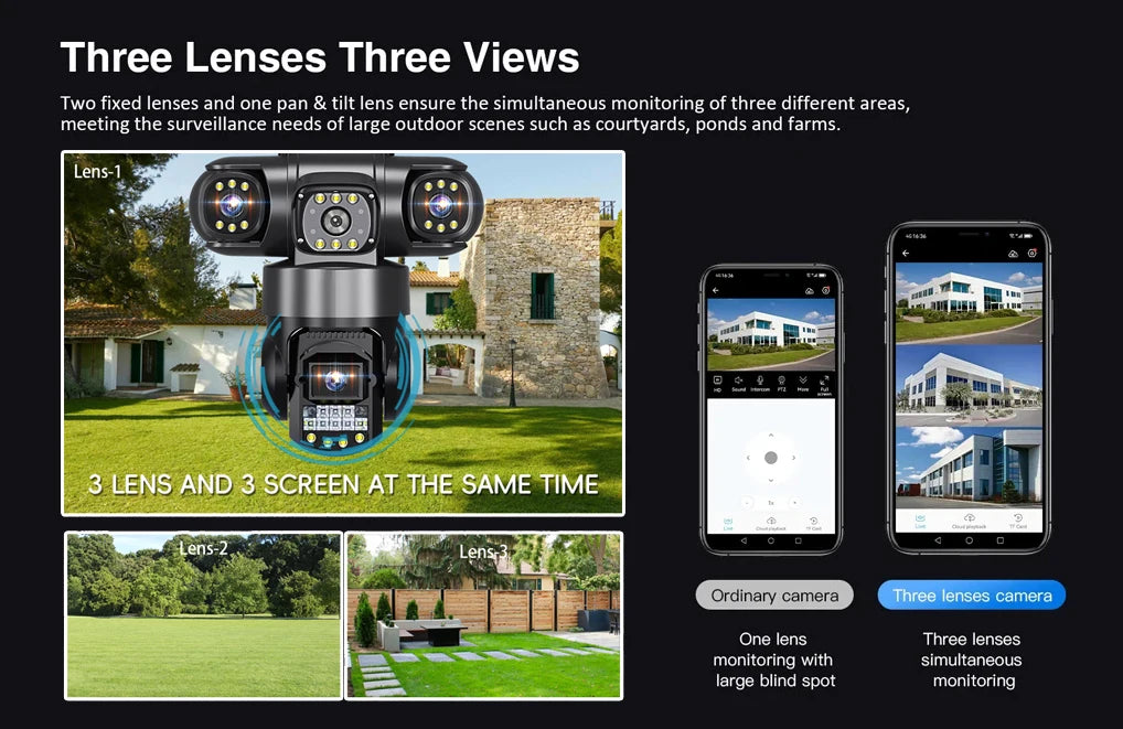 Câmera de Segurança Inteligente V380 Pro 6K - Lente Tripla, Visão Noturna e Wi-Fi Externo À Prova D'água