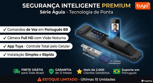 Fechadura Digital Biométrica Inteligente Linha Premium Águia - Voz em Português, Wi-Fi, Biometria, Senha e RFID