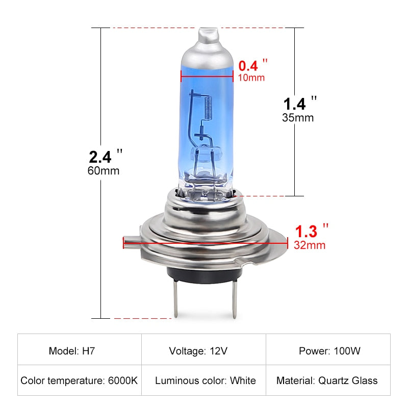 Lâmpada halógena h7 para farol de carro, 2 peças, 6000k, branco super brilhante, 12v, lâmpada de halogênio h7 55w 100w, lâmpada de substituição para farol