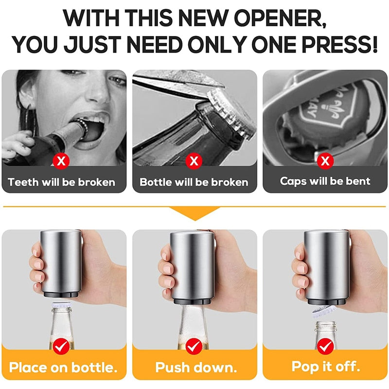 Abridor de garrafa automático criativo em aço inoxidável pressione para abrir