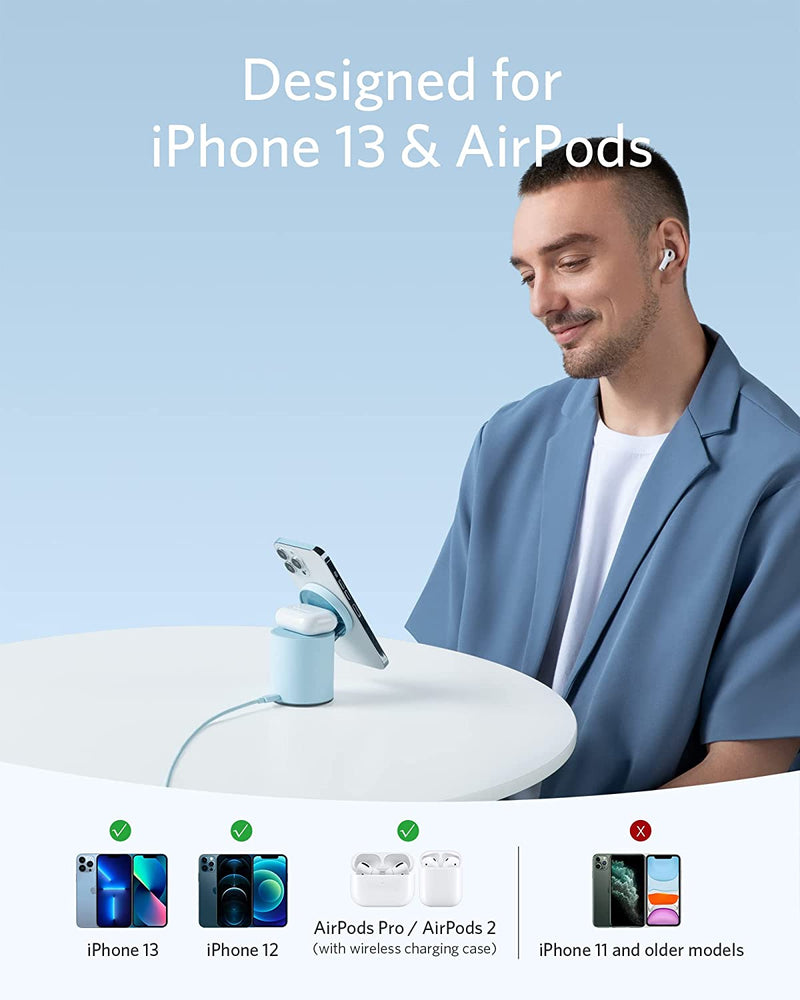 Anker 623 Magnetic Carregador Magnético sem Fio Anker Carregador magnético sem fio, estação de carregamento sem fio 623 MagGo 2 em 1 com carregador USB-C de 20 W, para iPhone 13/13 Pro Max / 13 Mini/ 12/12 Pro, AirPods Pro (cinza interestelar)