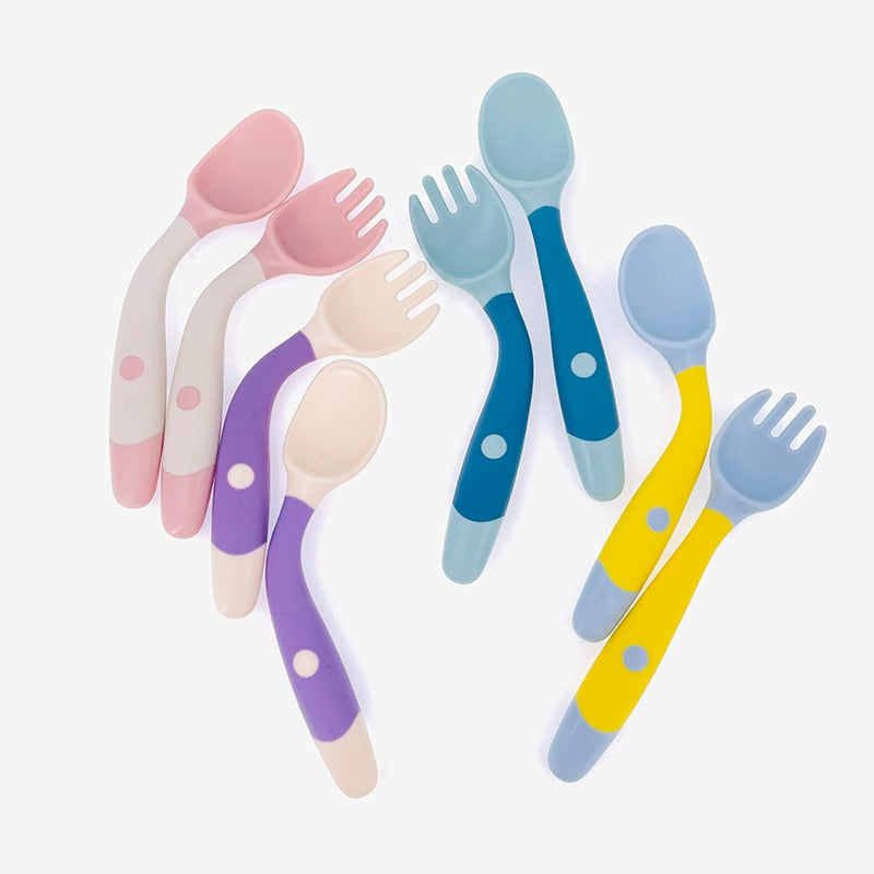 Kit Colher Garfo macio dobrável de silicone utensílios de mesa criança treinamento alimentação