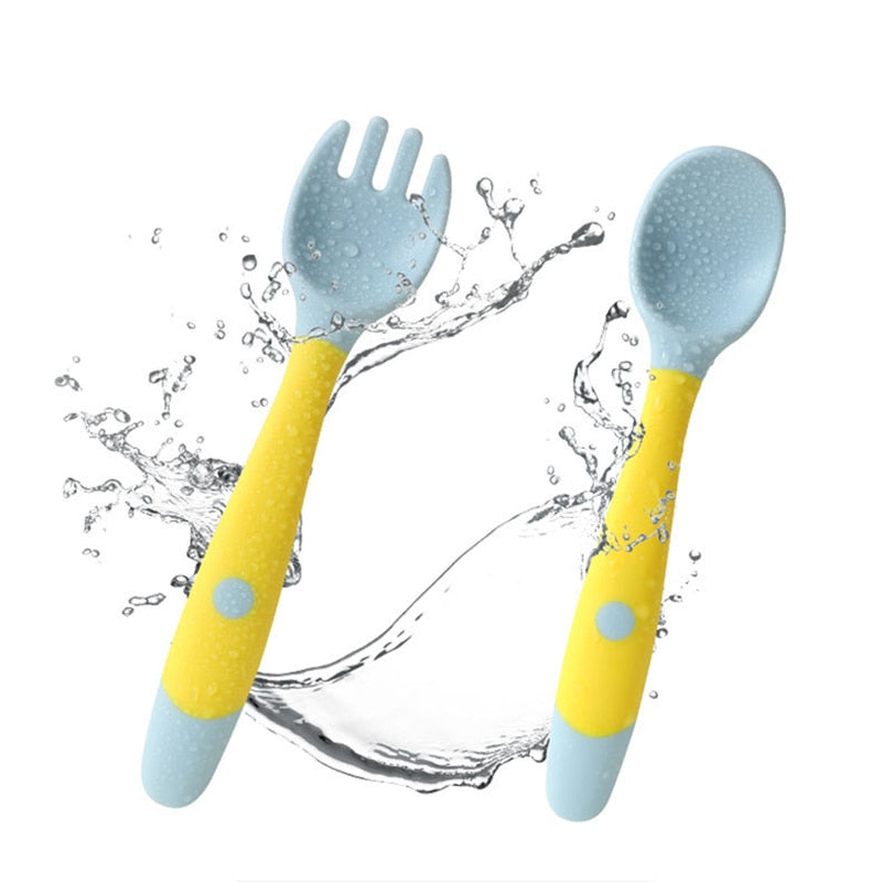 Kit Colher Garfo macio dobrável de silicone utensílios de mesa criança treinamento alimentação